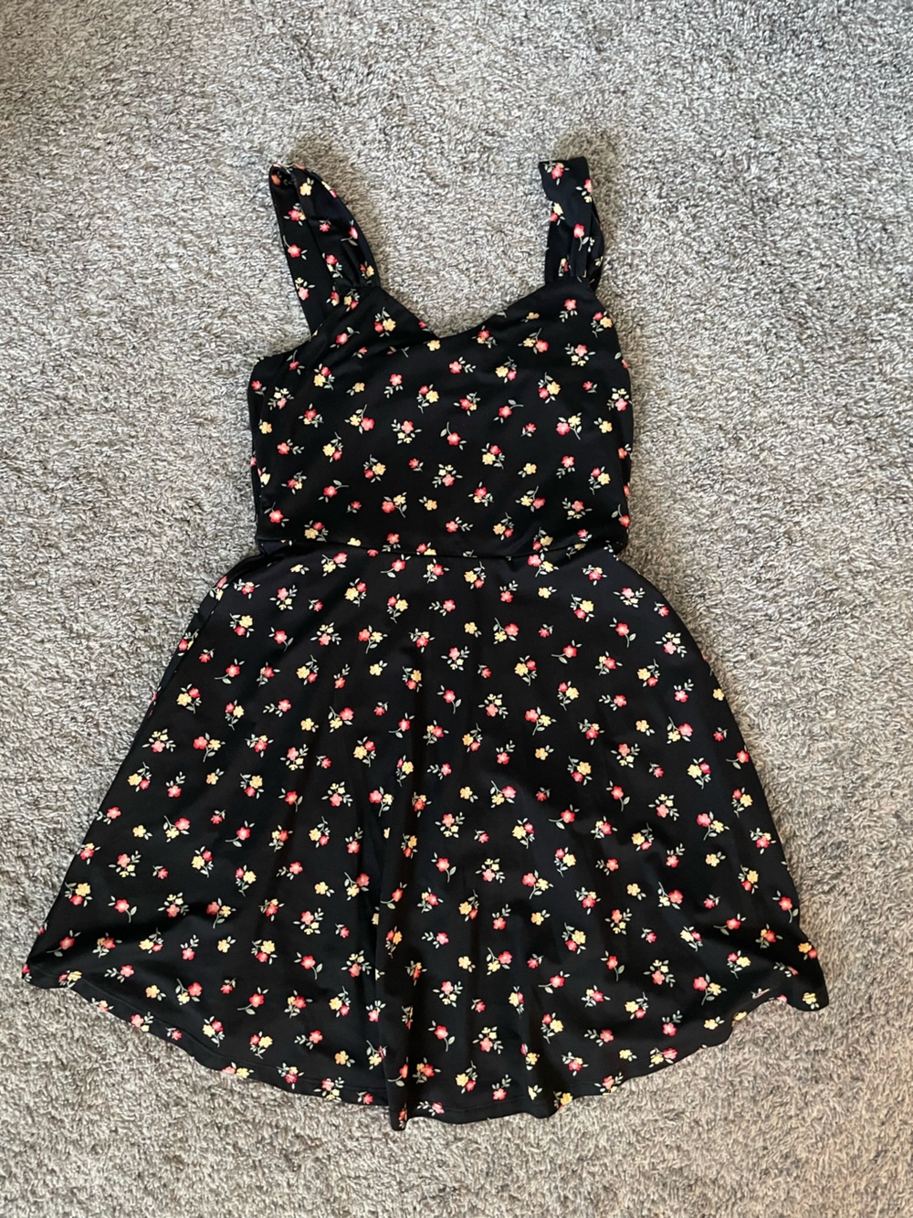 French Grey Black Floral Dress with Red and Pink Accents